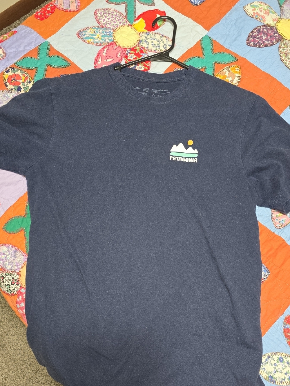 Mens Patagonia Short-Sleeve Tee in Navy with Mountain Logo